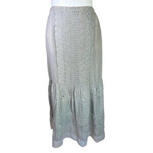 Johnny Was Skirt Size Small Tiered Boho Eyelet Lace Long Lined‎ Maxi Skirt Green